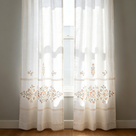 Symmetrical Floral Embroidery Floor-Length Linen Curtains